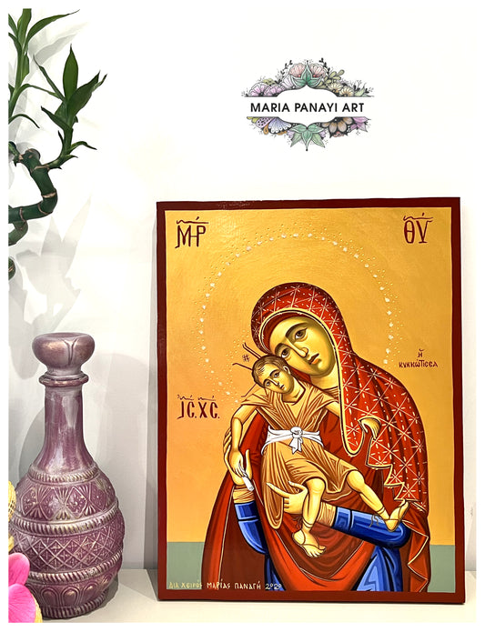 This is a Christian icon of Virgin Mary, hand-painted on wood. It is an ideal spiritual gift for occasions like birth, baptism, birthday, wedding, anniversaries, etc!